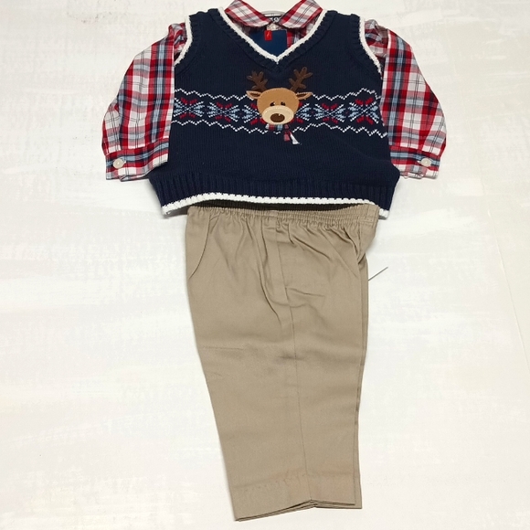NWT IZOD Baby Christmas matching sets 3pc plaid sweater vest/shirt/pants Sz 3-6m - Picture 6 of 10